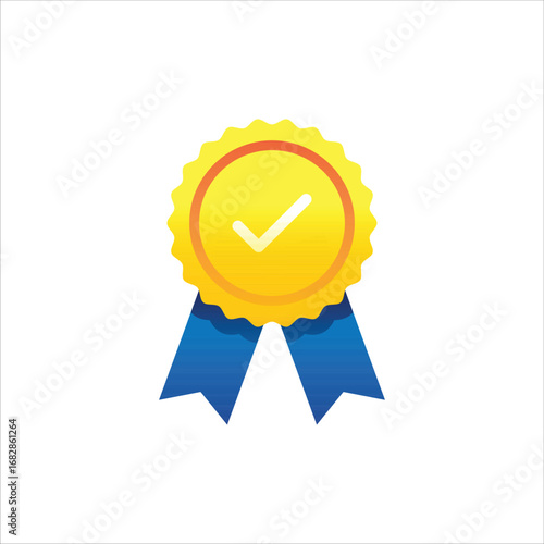 Single vector illustration of a golden award medal with a check mark and blue ribbon. Perfect for achievement, certification, guarantee, and quality badges. Easily customizable for web