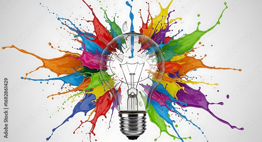Obraz premium Explosion of vibrant color splashes erupting from a broken lightbulb, symbolizing creative ideas and innovation bursting forth with dynamic energy.