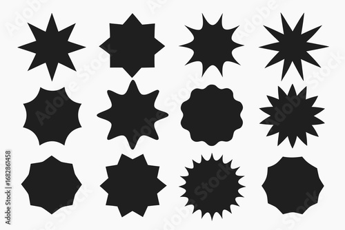 Array of Twelve Black Starburst Shapes with Varying Point Counts on an OffWhite Background