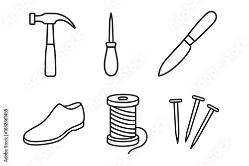 Cobbler tools: hammer, awl, knife, shoe, thread spool, nails