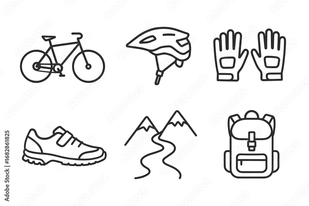 Fototapeta premium Essential cycling gear and outdoor adventure equipment icons set