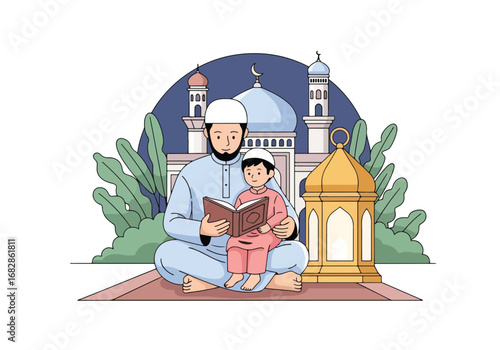 Adobe illustrator artwork vector illustration of a Muslim father and son peacefully reading the Al-Quran, with a mosque and lantern in the background, ideal for Islamic holidays and education