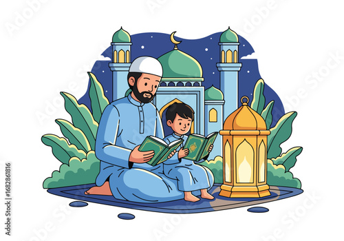 Adobe illustrator artwork vector illustration of a Muslim father and son peacefully reading the Al-Quran, with a mosque and lantern in the background, ideal for Islamic holidays and education