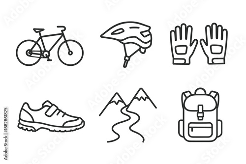 Essential cycling gear and outdoor adventure equipment icons set