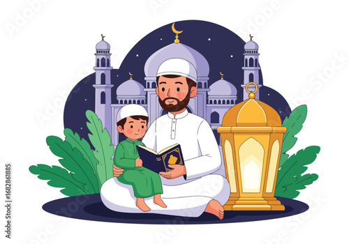 Adobe illustrator artwork vector illustration of a Muslim father and son peacefully reading the Al-Quran, with a mosque and lantern in the background, ideal for Islamic holidays and education
