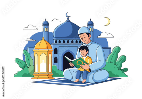 Adobe illustrator artwork vector illustration of a Muslim father and son peacefully reading the Al-Quran, with a mosque and lantern in the background, ideal for Islamic holidays and education