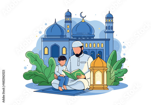 Adobe illustrator artwork vector illustration of a Muslim father and son peacefully reading the Al-Quran, with a mosque and lantern in the background, ideal for Islamic holidays and education