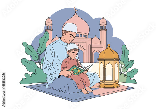Adobe illustrator artwork vector illustration of a Muslim father and son peacefully reading the Al-Quran, with a mosque and lantern in the background, ideal for Islamic holidays and education