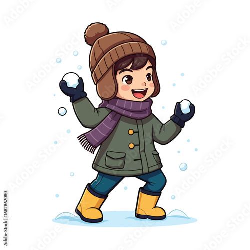 Funny, smiling little boy and girl in winter clothes having fun in the snow