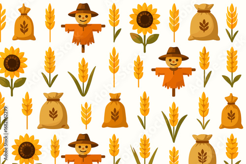 Autumn harvest pattern with scarecrows and sunflowers on white background