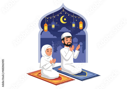 Adobe illustrator artwork vector illustration of a Muslim man and woman praying during Ramadan or Eid, beneath a crescent moon and stars, framed by an archway with lanterns