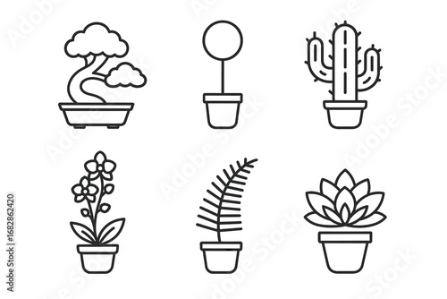 Collection of six outline potted plant icons in minimalistic style