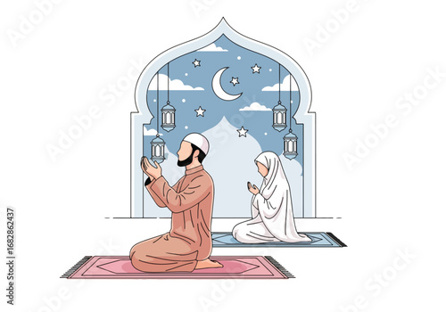 Adobe illustrator artwork vector illustration of a Muslim man and woman praying during Ramadan or Eid, beneath a crescent moon and stars, framed by an archway with lanterns