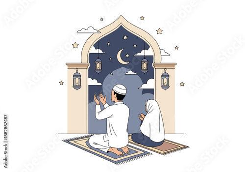 Adobe illustrator artwork vector illustration of a Muslim man and woman praying during Ramadan or Eid, beneath a crescent moon and stars, framed by an archway with lanterns