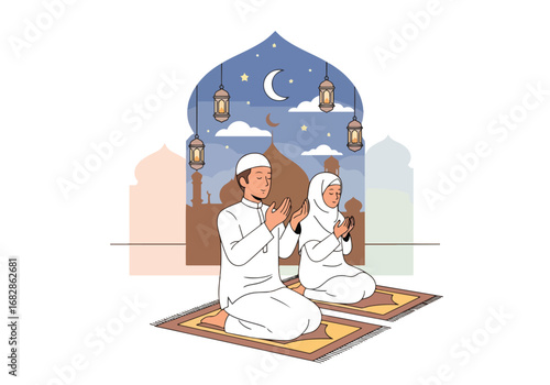 Adobe illustrator artwork vector illustration of a Muslim man and woman praying during Ramadan or Eid, beneath a crescent moon and stars, framed by an archway with lanterns