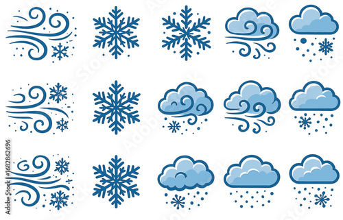 Winter weather set: blue snowflakes, clouds, and wind icons for seasonal design