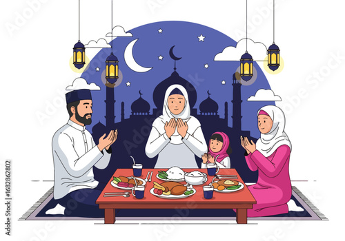 Adobe illustrator artwork vector illustration of a Muslim family praying before Iftar, with a mosque silhouette, crescent moon, and lanterns, perfect for Ramadan and Eid celebrations