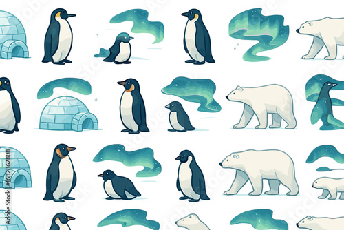 Seamless arctic pattern with penguins, igloos, polar bears, and northern lights