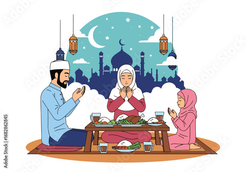 Adobe illustrator artwork vector illustration of a Muslim family praying before Iftar, with a mosque silhouette, crescent moon, and lanterns, perfect for Ramadan and Eid celebrations