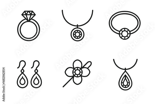 Outlined jewelry icons: ring, necklace, earrings, brooch designs