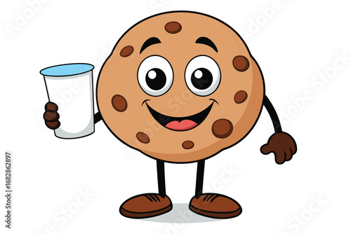 Cartoon Cookie Character Holding Drink Smiling Pastry with Chocolate Chips Illustration