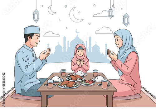 Adobe illustrator artwork vector illustration of a Muslim family praying before Iftar, with a mosque silhouette, crescent moon, and lanterns, perfect for Ramadan and Eid celebrations