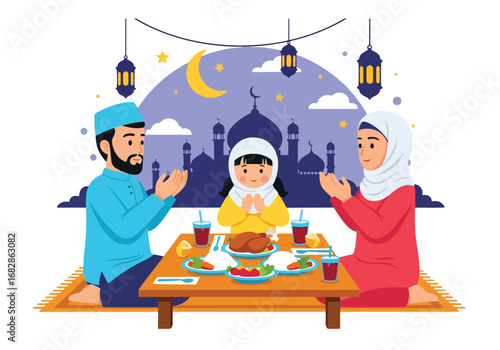 Adobe illustrator artwork vector illustration of a Muslim family praying before Iftar, with a mosque silhouette, crescent moon, and lanterns, perfect for Ramadan and Eid celebrations