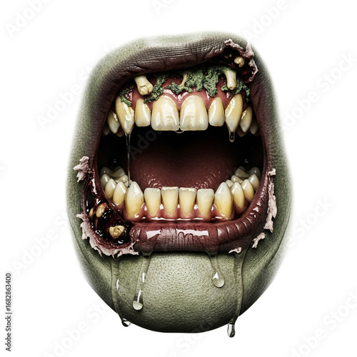 Horrifying monster mouth with sharp decaying fangs and gums. isolated transparent background