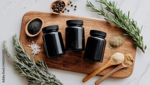 Fototapeta Naklejka Na Ścianę i Meble -  Three black bottles, wooden spoons, and spices on a wooden board.  Fresh herbs and spices surround the bottles