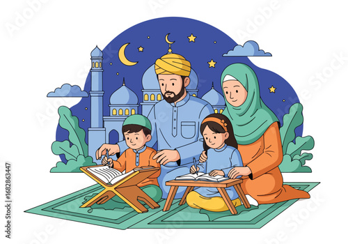 Adobe illustrator artwork vector illustration of a Muslim family reading the Al-Quran together, with parents guiding their children, against a subtle mosque and crescent moon background