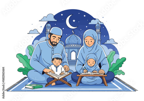 Adobe illustrator artwork vector illustration of a Muslim family reading the Al-Quran together, with parents guiding their children, against a subtle mosque and crescent moon background