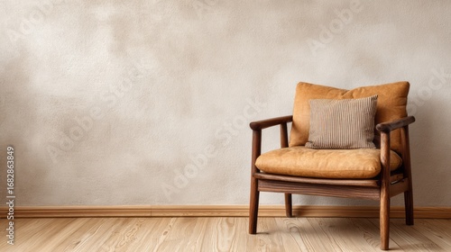 A light beige textured wall showcases a simple wooden armchair with an auburn leather seat and a neutral striped cushion, creating a serene and minimalist aesthetic in a room.