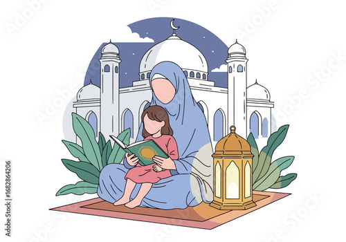 Adobe illustrator artwork vector illustration of a Muslim mother and daughter lovingly reading the Al-Quran, with a mosque and lantern in the background, symbolizing spiritual education