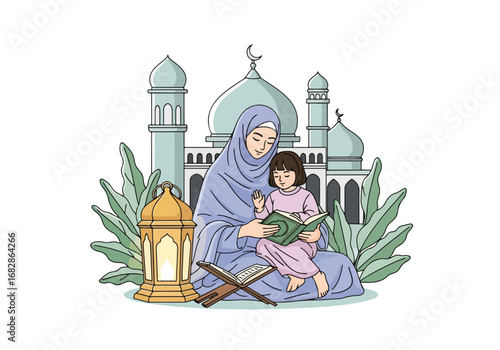Adobe illustrator artwork vector illustration of a Muslim mother and daughter lovingly reading the Al-Quran, with a mosque and lantern in the background, symbolizing spiritual education