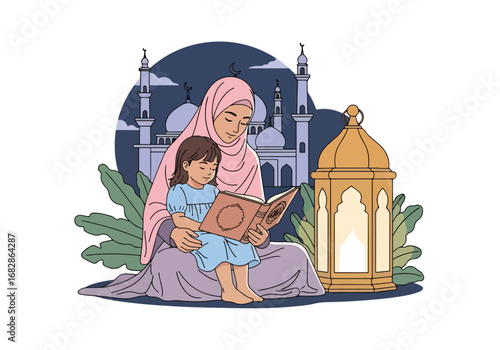 Adobe illustrator artwork vector illustration of a Muslim mother and daughter lovingly reading the Al-Quran, with a mosque and lantern in the background, symbolizing spiritual education