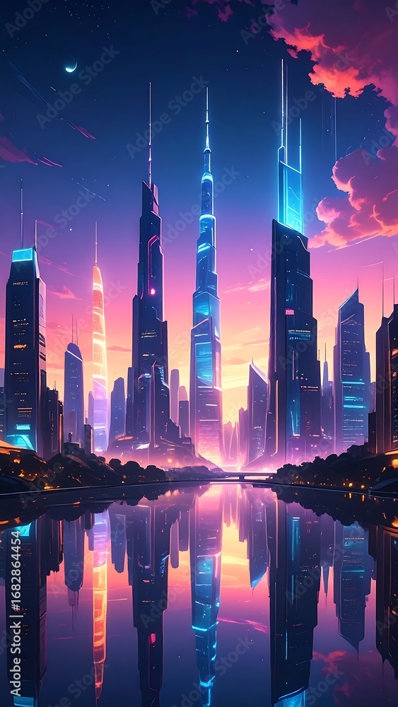 Fototapeta premium Futuristic cityscape reflected in a calm water