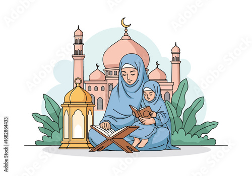 Adobe illustrator artwork vector illustration of a Muslim mother and daughter lovingly reading the Al-Quran, with a mosque and lantern in the background, symbolizing spiritual education