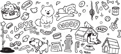 Cute Dog Doodle Set – Puppy, Pet, Woof, Bone, Paw, Collar, Animal, Vector, Drawing, Cartoon, Funny, Character, Cute, Playful, Domestic, Kid, Sketch, Outline