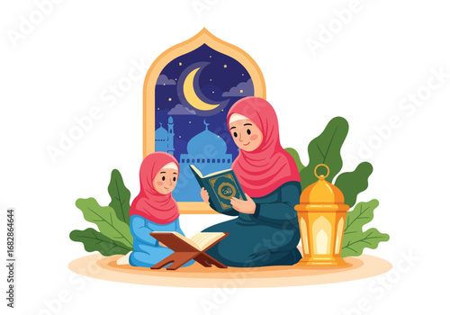 Adobe illustrator artwork vector illustration of a Muslim mother and daughter reading the Al-Quran at night, framed by an archway with a crescent moon, stars, and lantern