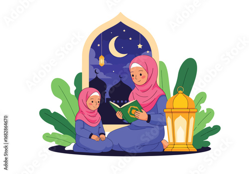 Adobe illustrator artwork vector illustration of a Muslim mother and daughter reading the Al-Quran at night, framed by an archway with a crescent moon, stars, and lantern