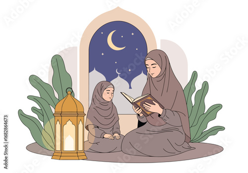 Adobe illustrator artwork vector illustration of a Muslim mother and daughter reading the Al-Quran at night, framed by an archway with a crescent moon, stars, and lantern