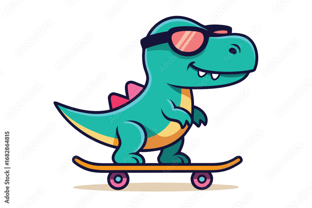 Obraz premium Cartoon TRex Dinosaur with Sunglasses Riding Skateboard, Isolated on White Background Illustration