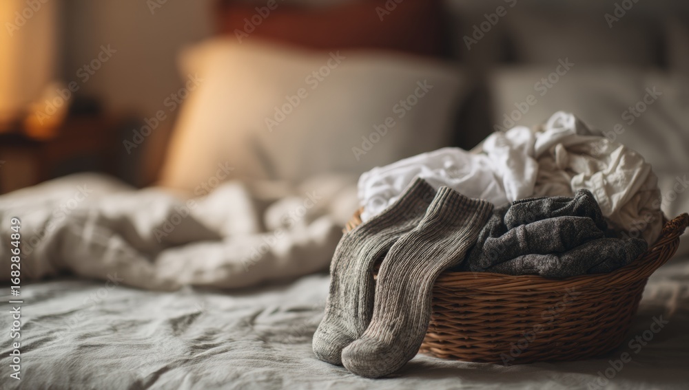 Obraz premium Laundry basket on a bed at dawn