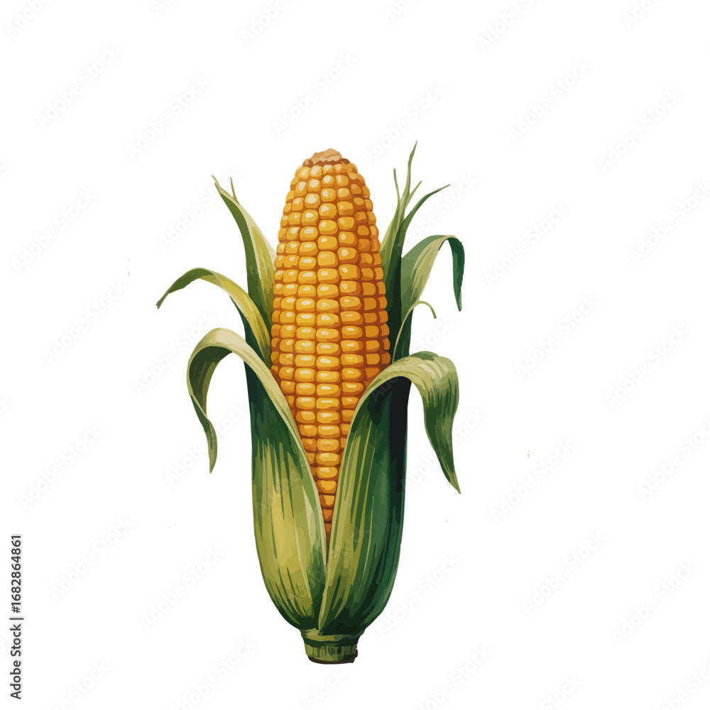 Obraz premium Bright Yellow Corn on the Cob with Green Leaves and Silk Details