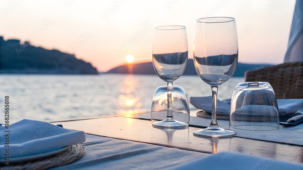Obraz premium romantic sunset dining table with wine glasses by serene seaside