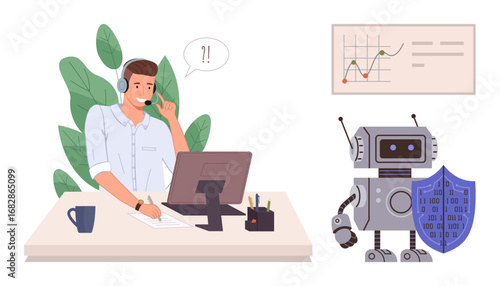 Customer service agent conversing on headset at desk robot with shield suggesting secure AI assistance beside a chart. Ideal for technology, customer service, AI integration, data security, teamwork