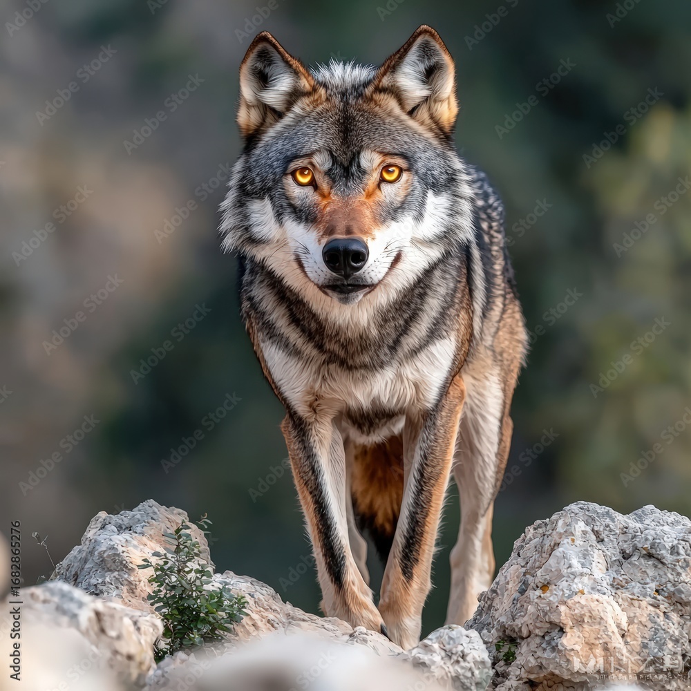 Obraz premium A snarling wolf with glowing amber eyes, standing on a rocky surface with a blurred natural backdrop and ample blank space for branding ,