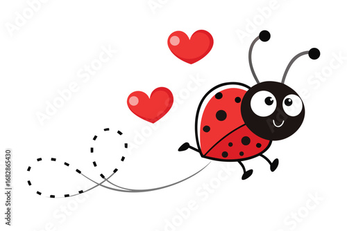Cheerful Ladybug Flying with Red Hearts and Dotted Flight Path on White Background