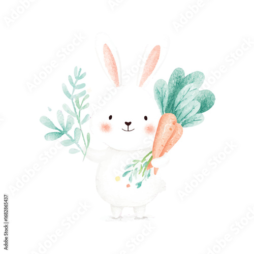 Adorable Watercolor Bunny Rabbit with Carrots Spring Illustration.