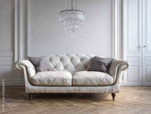 A stylish, antique-style sofa with grey cushions, positioned in a white, classical-design room with a crystal chandelier hanging above, creating a sophisticated ambiance.